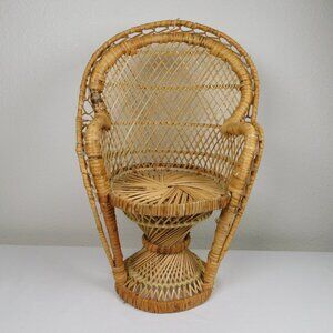 Peacock Wicker Fan Back Rattan Chair Doll Plant Stand Boho Cottage Core 18" tall